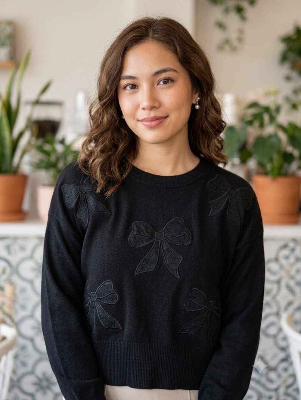 Bridgerton Lace Bow Applique Pullover Black Sweater Womens Small Netflix Show